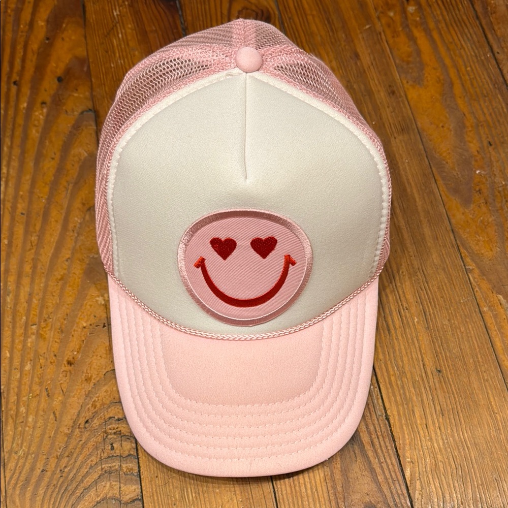 Pink and Cream Trucker Hat with Smiley Face